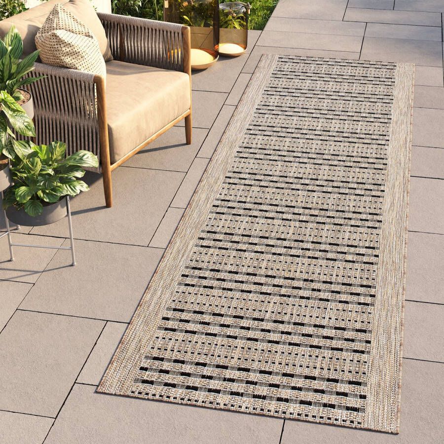Tapiso Melissa Loper Laagpolig Beige Bruin Indoor Outdoor Vloerkleed Maat- 80x400