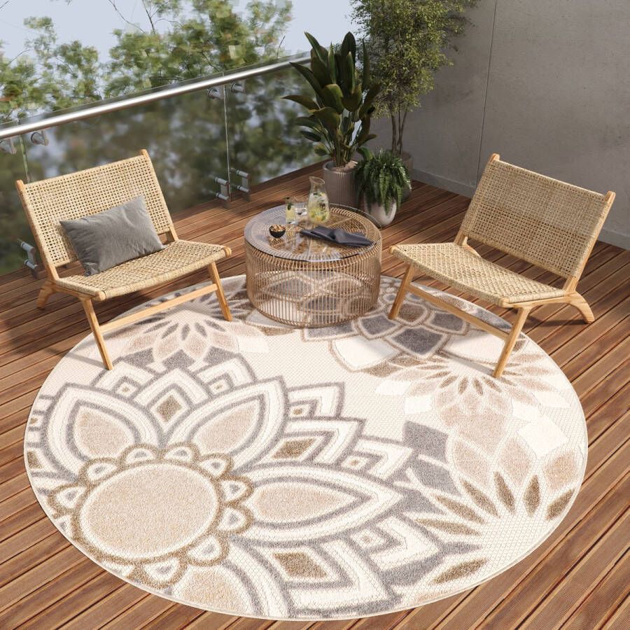 Tapiso Patio Rond Vloerkleed Balkon Terras Tuin Beige Outdoor Tapijt Maat- 100x100