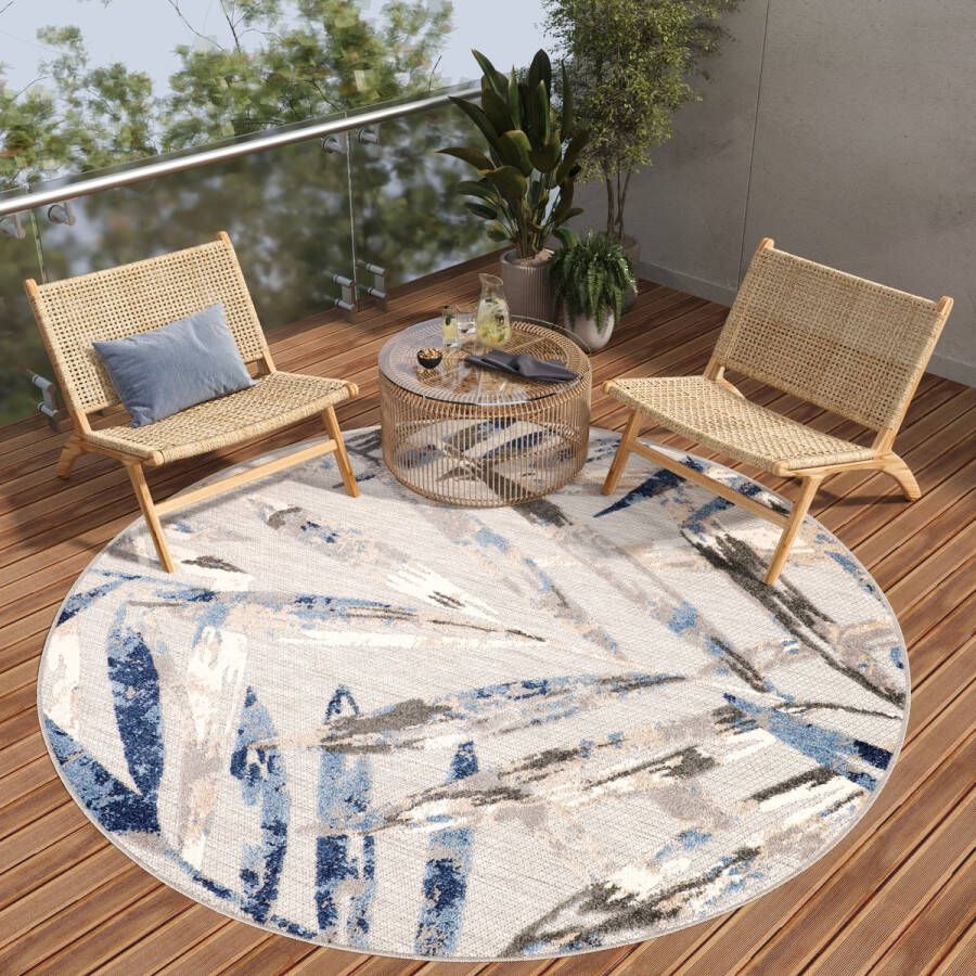 Tapiso Patio Rond Vloerkleed Balkon Terras Tuin Blauw Grijs Outdoor Tapijt Maat- 100x100