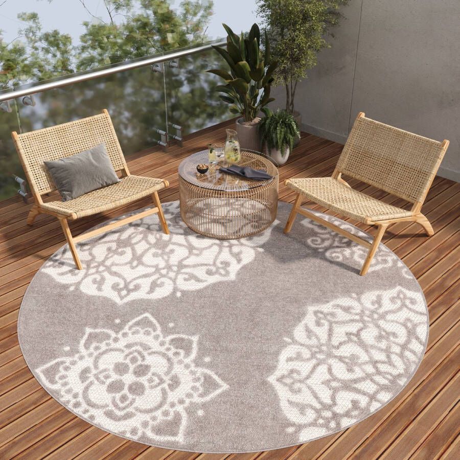 Tapiso Patio Rond Vloerkleed Balkon Terras Tuin Grijs Beige Outdoor Tapijt Maat- 160x160