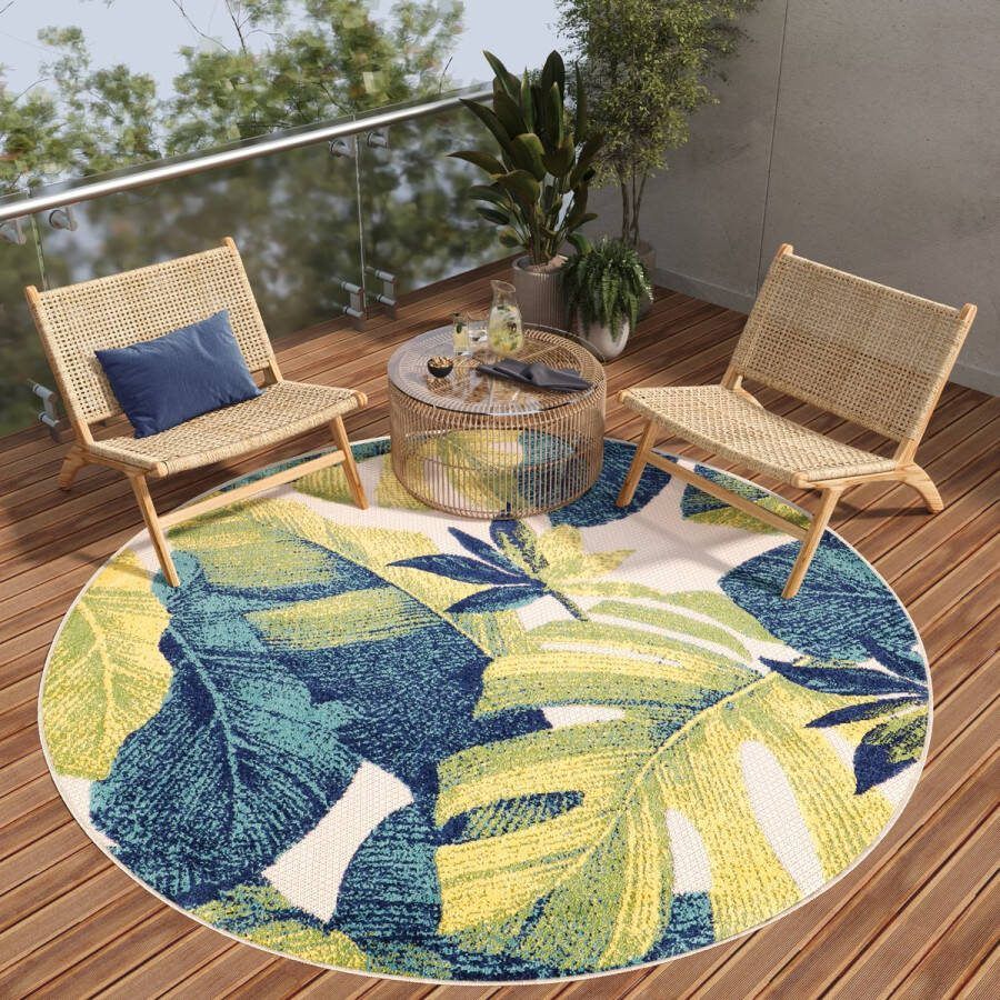 Tapiso Patio Rond Vloerkleed Balkon Terras Tuin Groen Blauw Outdoor Tapijt Maat- 120x120