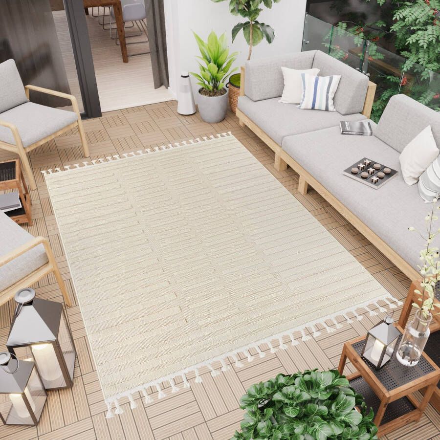 Tapiso Rio Loop Vloerkleed Outdoor Beige Buiten Kwastjes Laagpolig Tapijt Maat- 200x300
