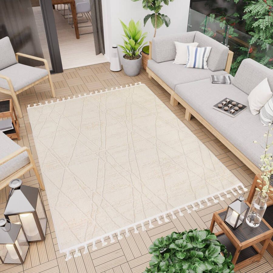 Tapiso Rio Loop Vloerkleed Outdoor Beige Buiten Patio Terras Tuin Franjes Maat- 80x150