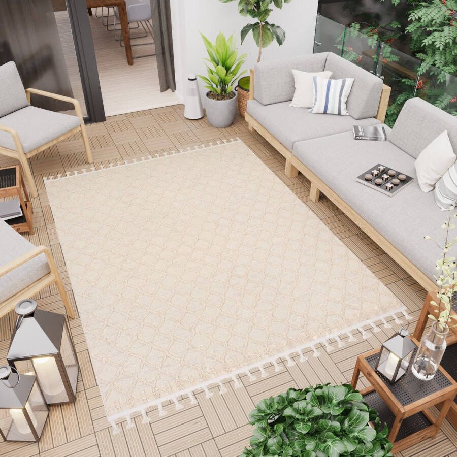 Tapiso Rio Loop Vloerkleed Outdoor Beige Buiten Trellis Terras Tuin Franjes Tapijt Maat- 160x230