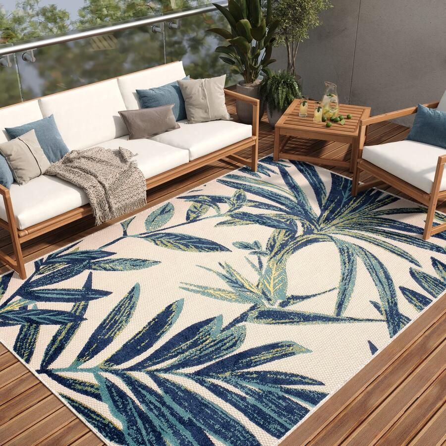 Tapiso Patio Indoor Tapijt Beige Blauw Tuintapijt Buitenkleed Planten Maat- 160x220