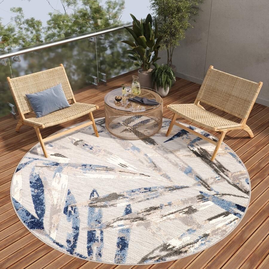 Tapiso Patio Rond Vloerkleed Balkon Terras Tuin Blauw Grijs Outdoor Tapijt Maat- 160x160