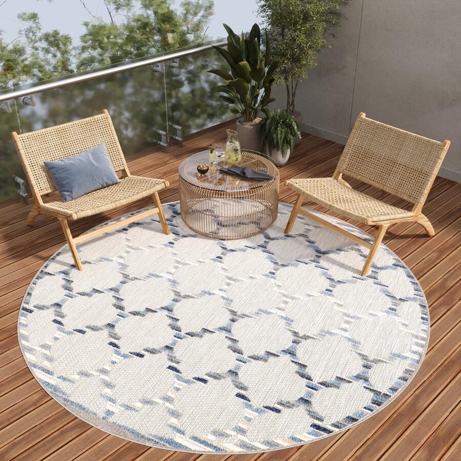 Tapiso Patio Rond Vloerkleed Balkon Terras Tuin Grijs Blauw Trellis Outdoor Tapijt Maat- 120x120