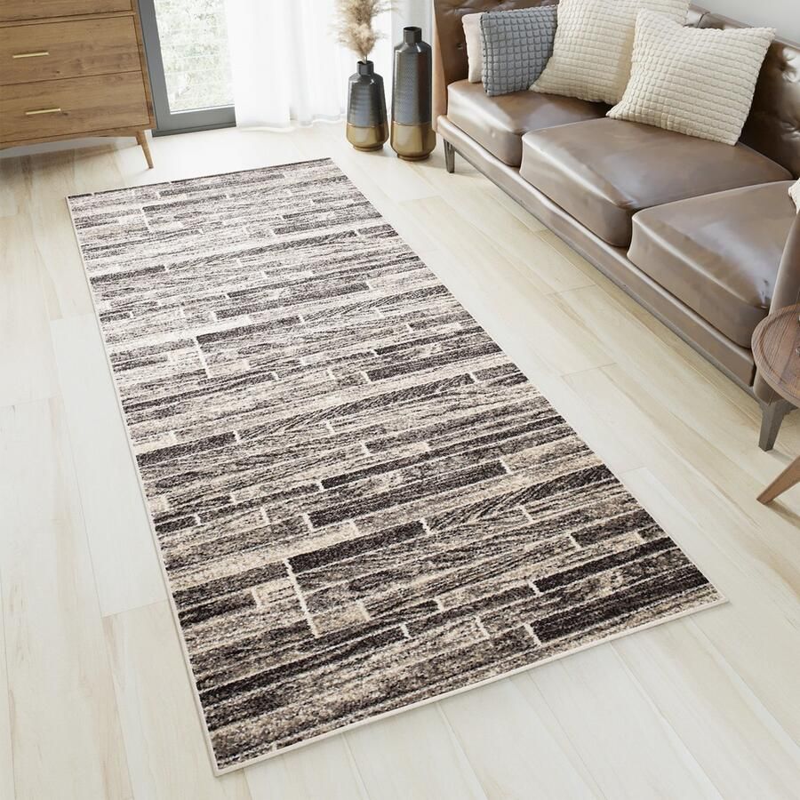 Tapiso Petra Tapijtloper Abstract Laagpolig Bruin Vloerkleed Maat- 80x850