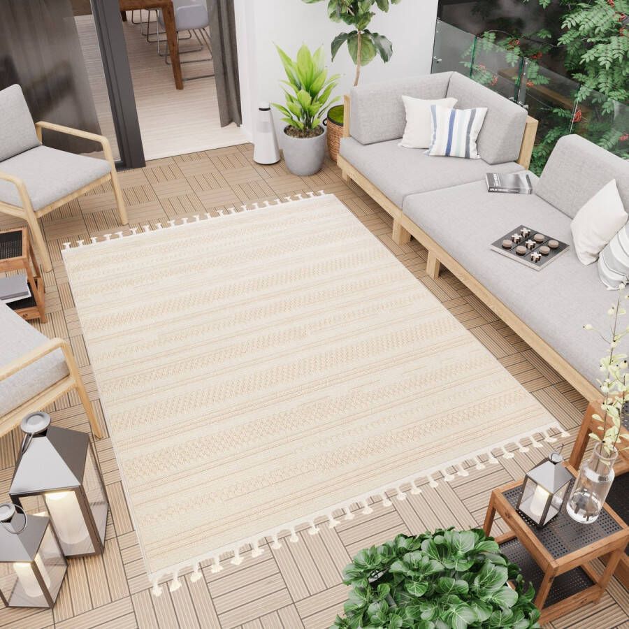 Tapiso Vloerkleed Outdoor Beige Buiten Terras Patio Tuin Franjes Maat- 200x300