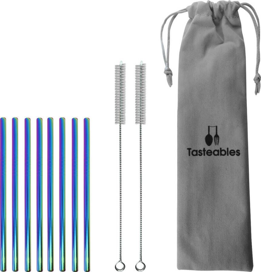 Tasteables RVS Rietjes Recht Cocktail Rietjes Set van 8 Duurzaam Herbruikbaar Reinigingsborstel 140mm lengte Regenboog