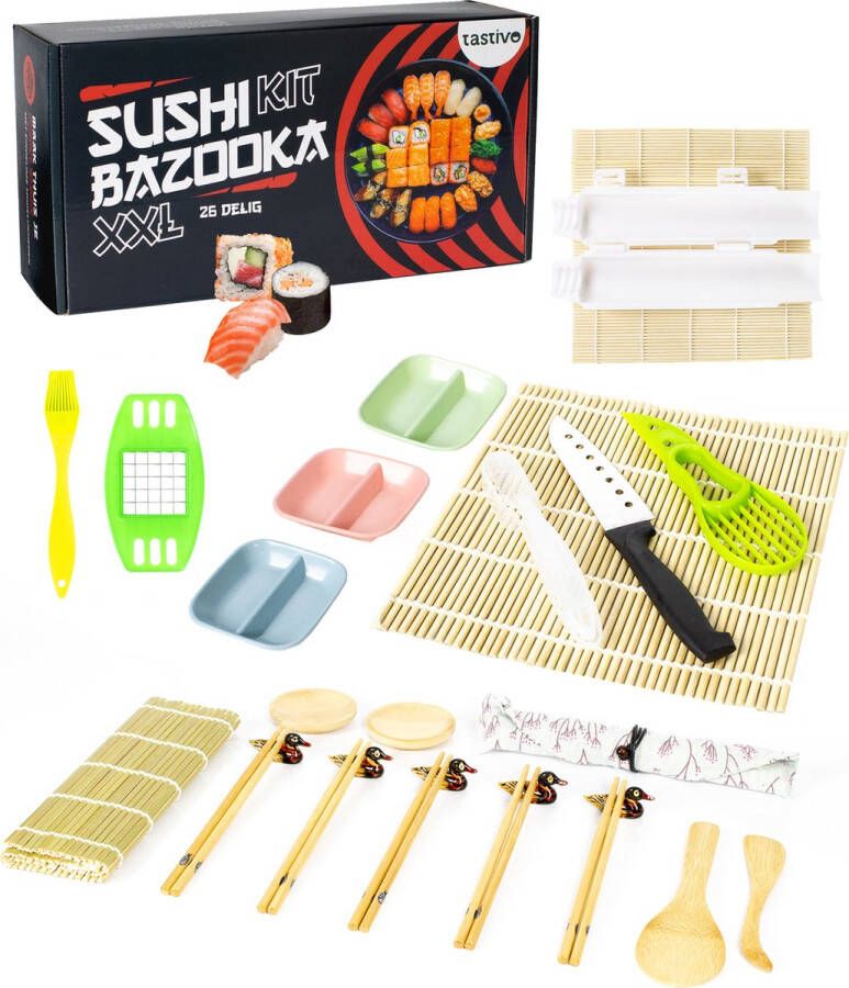 Tastivo XXL Sushi Maker Set met Bazooka 26 Delig Sushi Kit zelf maken Incl. Mat Roller Kookboek & Chopsticks
