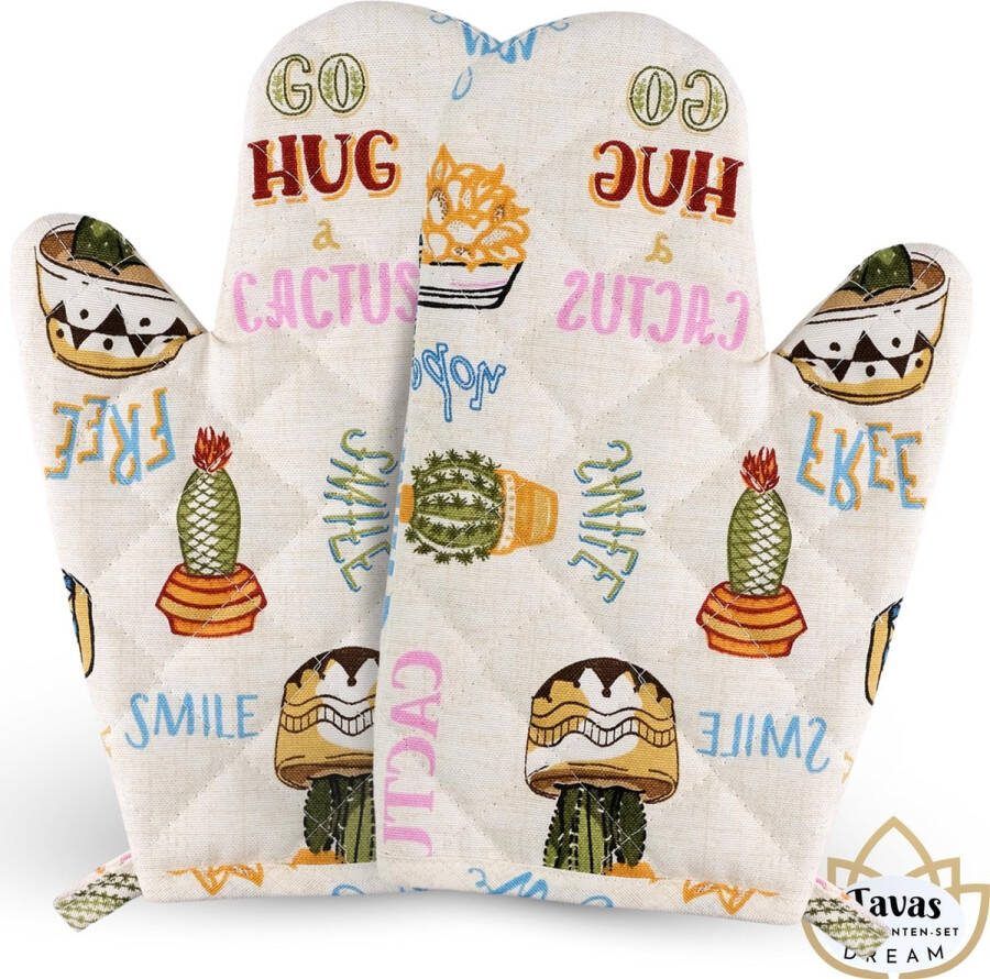 Tavas DREAM Ovenwanten 2 Stuks Cactus met Text Katoen Hittebestendige Ovenhandschoenen tot 250°C