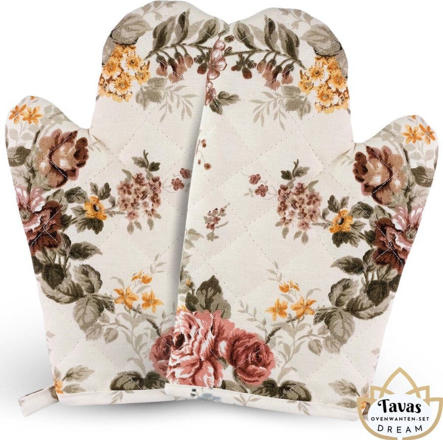Tavas DREAM Ovenwanten 2 Stuks Rozenbloemen Katoen Hittebestendige Ovenhandschoenen tot 250°C