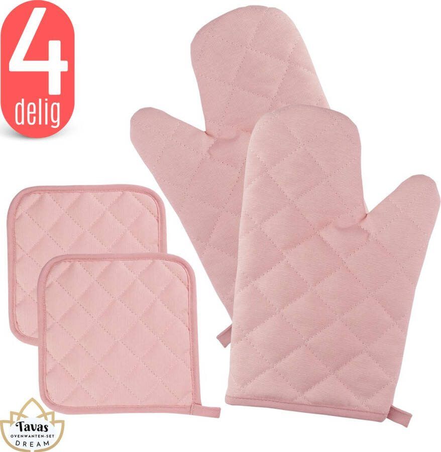 Tavas DREAM Ovenwanten Set Lichtroze Katoen Ovenwanten en Pannenlappen Ovenwanten 2 stuks Hittebestendig Pannenlappen 2 stuks Ovenhandschoenen tot 250°C
