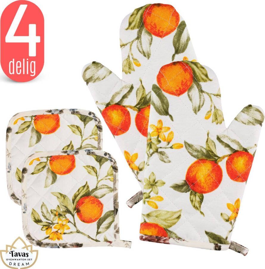 Tavas DREAM Ovenwanten Set Oranjebries Katoen Ovenwanten en Pannenlappen Ovenwanten 2 stuks Hittebestendig Pannenlappen 2 stuks Ovenhandschoenen tot 250°C