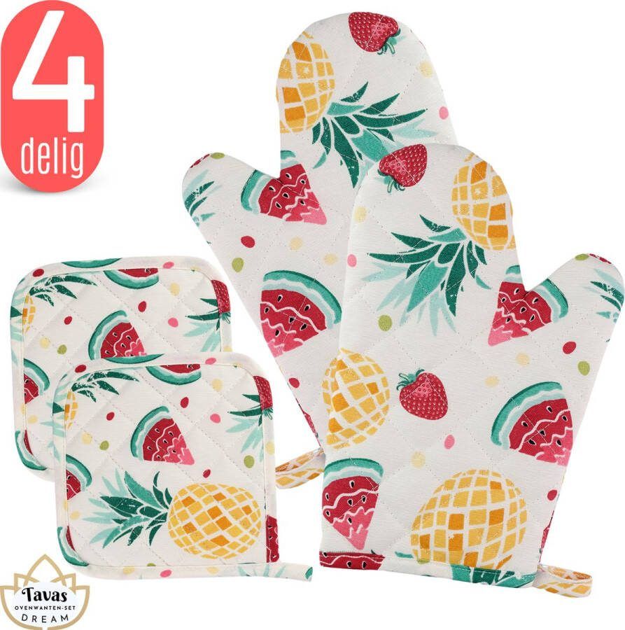 Tavas DREAM Ovenwanten Set Zomerfruit Katoen Ovenwanten en Pannenlappen Ovenwanten 2 stuks Hittebestendig Pannenlappen 2 stuks Ovenhandschoenen tot 250°C