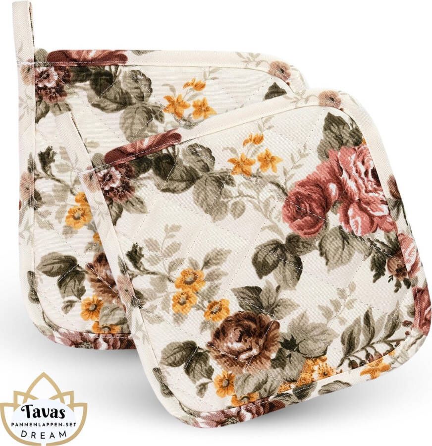 Tavas DREAM Pannenlappen 2 Stuks Rozenbloemen Katoen Pannenonderzetter Hittebestendige Pannenlap tot 250°C