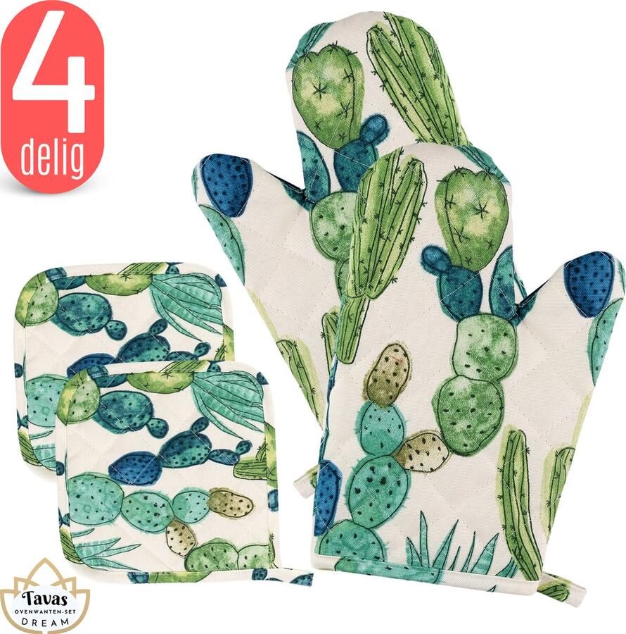 Tavas DREAM Ovenwanten Set Cactus Katoen Ovenwanten en Pannenlappen Ovenwanten 2 stuks Hittebestendig Pannenlappen 2 stuks Ovenhandschoenen tot 250°C