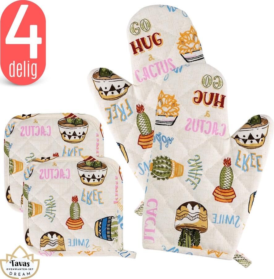 Tavas DREAM Ovenwanten Set Cactus met Text Katoen Ovenwanten en Pannenlappen Ovenwanten 2 stuks Hittebestendig Pannenlappen 2 stuks Ovenhandschoenen tot 250°C