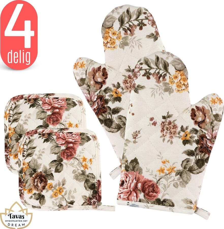 Tavas DREAM Ovenwanten Set Rozenbloemen Katoen Ovenwanten en Pannenlappen Ovenwanten 2 stuks Hittebestendig Pannenlappen 2 stuks Ovenhandschoenen tot 250°C