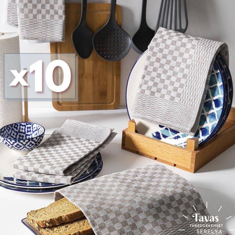 Tavas Theedoekenset Beige Glazendoeken 50x70 cm Set van 10 Horeca 80% katoen 20% Polyester Theedoeken horec
