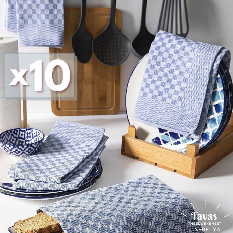 Tavas Theedoekenset Blauw Glazendoeken 40x60 cm Set van 10 Horeca 100% katoen Theedoeken horeca Glazendoeken