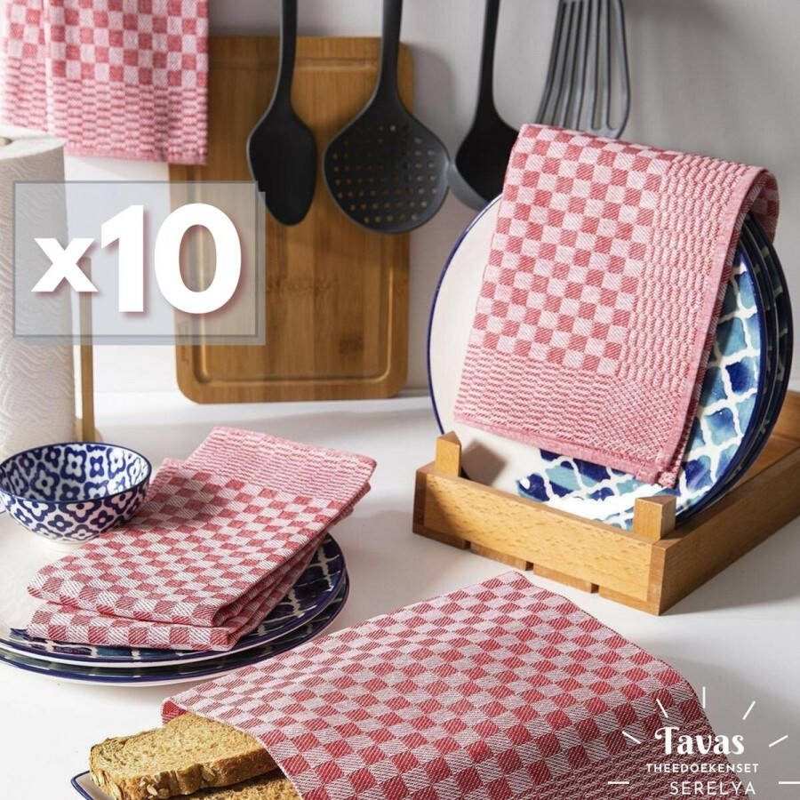 Tavas Theedoekenset Rood Glazendoeken 50x70 cm Set van 10 Horeca 80% katoen 20% Polyester Theedoeken horeca