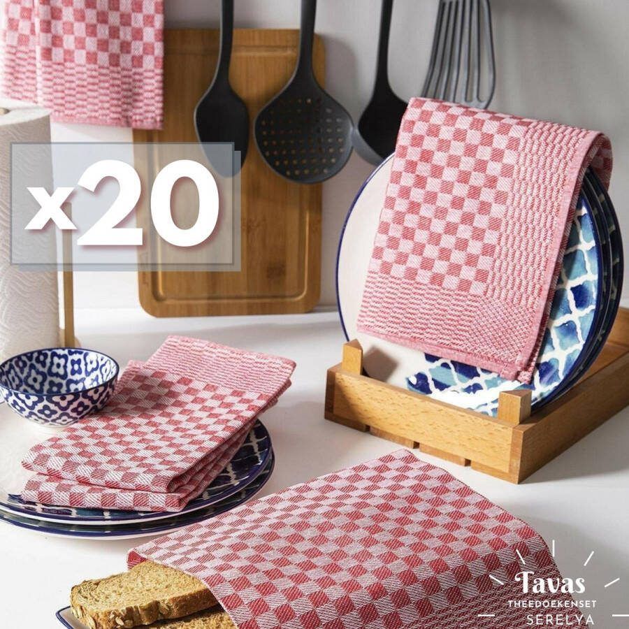 Tavas Theedoekenset Rood Glazendoeken 50x70 cm Set van 20 Horeca 80% katoen 20% Polyester Theedoeken horeca