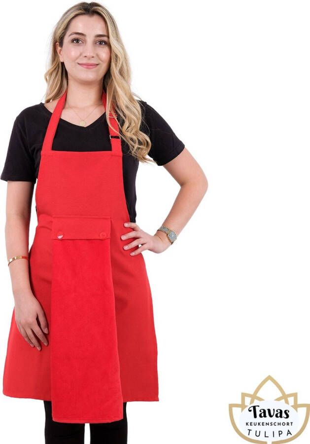 Tavas Tulipa rode Keukenschort met rode Handdoek Professioneel Verstelbaar Kookschort BBQ Schort Horecakwaliteit Schorten voor vrouwen One Size Fits All