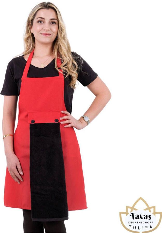 Tavas Tulipa rode Keukenschort met zwarte Handdoek Professioneel Verstelbaar Kookschort BBQ Schort Horecakwaliteit Schorten voor vrouwen One Size Fits All