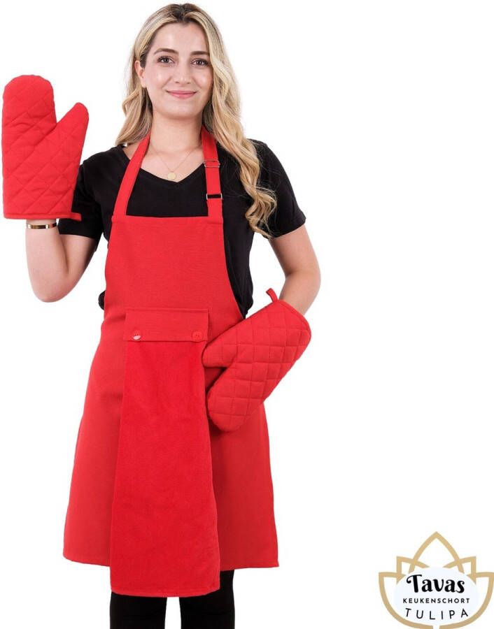 Tavas Tulipa rode Keukenschort Set van 3 met rode Handdoek en Ovenwanten Professioneel Verstelbaar Kookschort BBQ Schort Horecakwaliteit Schorten voor vrouwen One Size Fits All