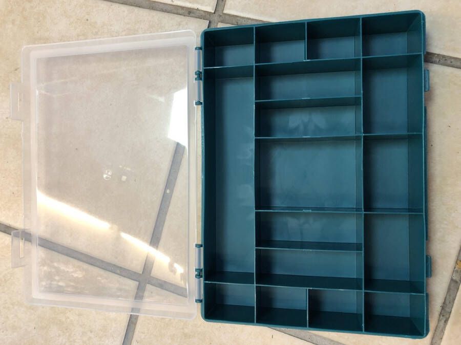 Tayg assortimentsdoos 17 vaste compartimenten transparant deksel stapelbaar 330 x 274 x 54 mm blauw