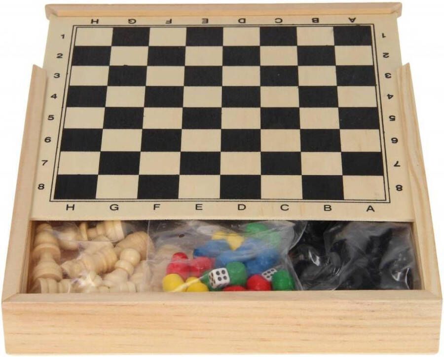 TCP 5 In 1 Spelletjesdoos Reisspel voor in de auto Vakantiespel hout Schaken Dammen Domino Mikado pionnen