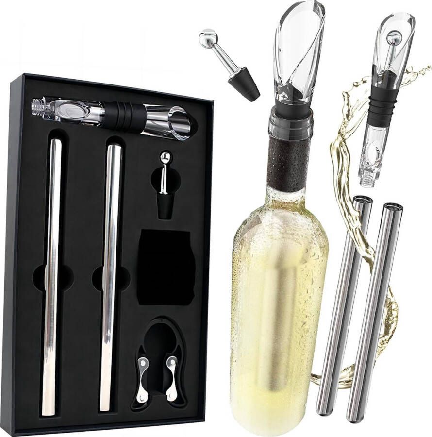Te Amo 4 in 1 XLuxe Wijnkoeler stick set Champagnekoeler RVS Staaf Inclusief schenktuit Wijnstopper Wijnschenker Decanteerder Beluchter Wijn Accessoires