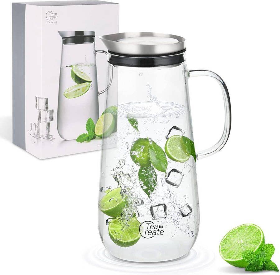 Tea Create Waterkan 1250 ml Glazen kan met roestvrijstalen deksel Waterkan van hoogwaardig borosilicaatglas Water ice tea sapkan voor koude en warme dranken