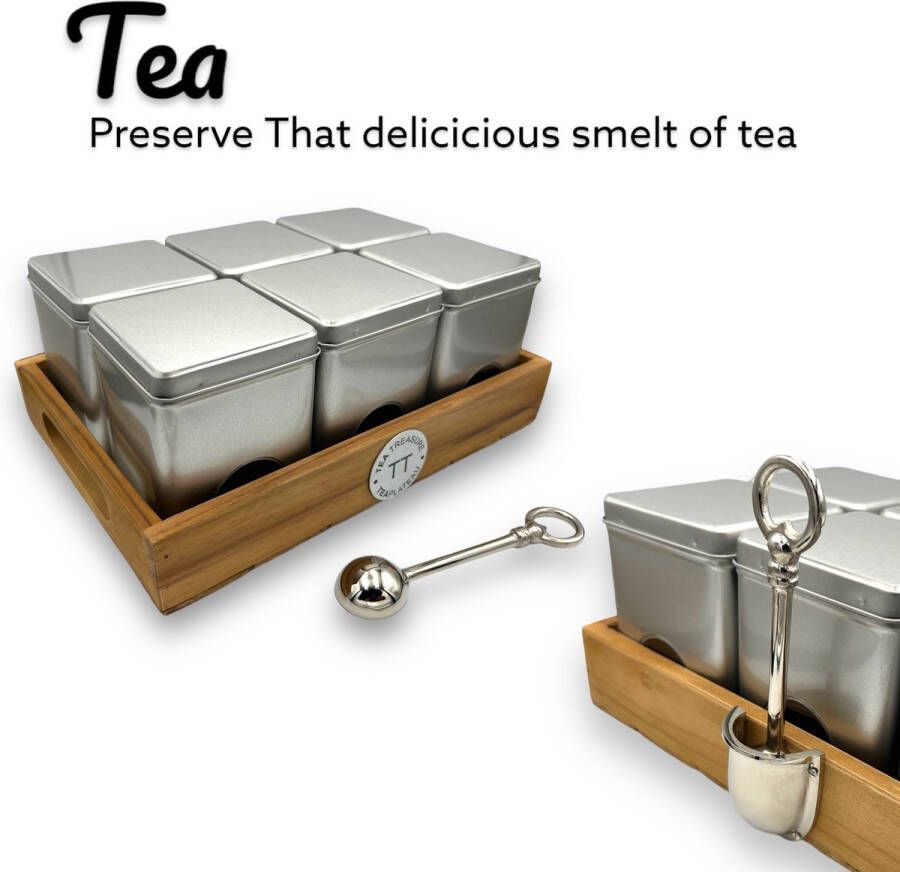 Tea Treasure Loose Leaf Tea Treasure Plateau zilver Theeplateau Theedoos Theeblikken Maatschep Losse thee Theebeleving Kerstcadeau Sinterklaascadeau Geschenkset