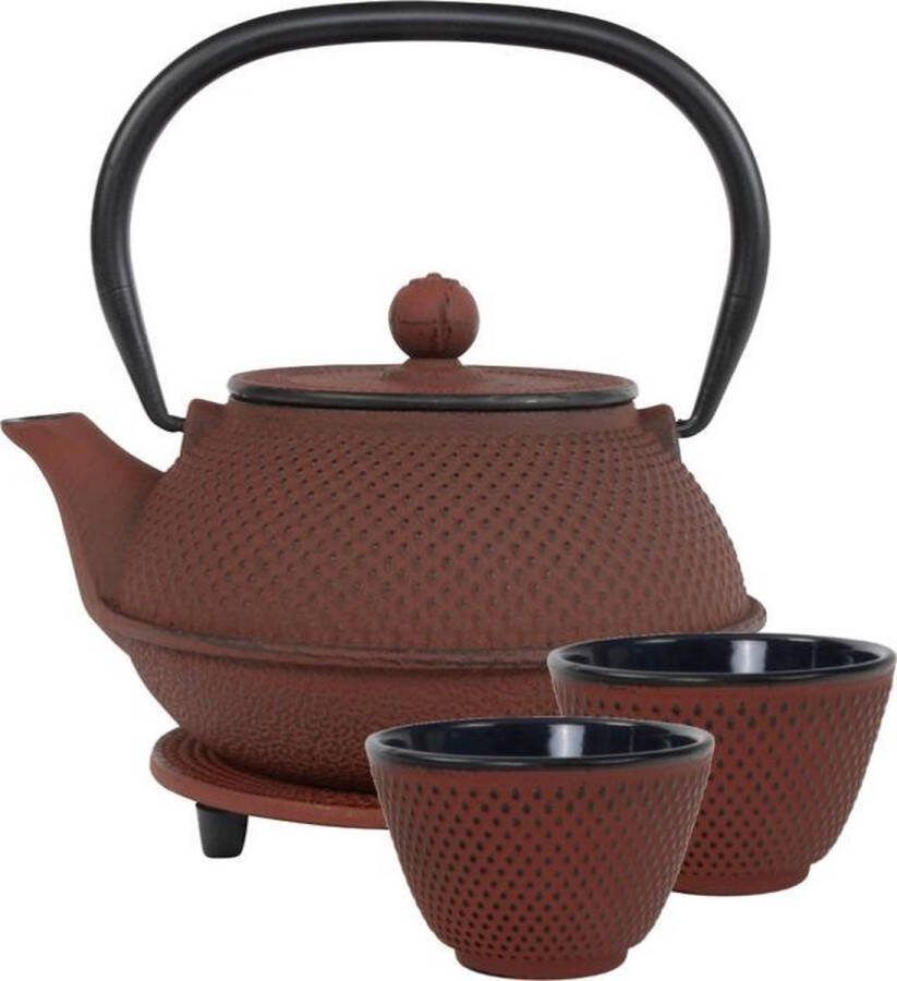 Teaclassix Theeset Arare Theepot 0 8 l inclusief 2 Theekopjes en 1 Onderzetter Gietijzer Rood 2-persoons