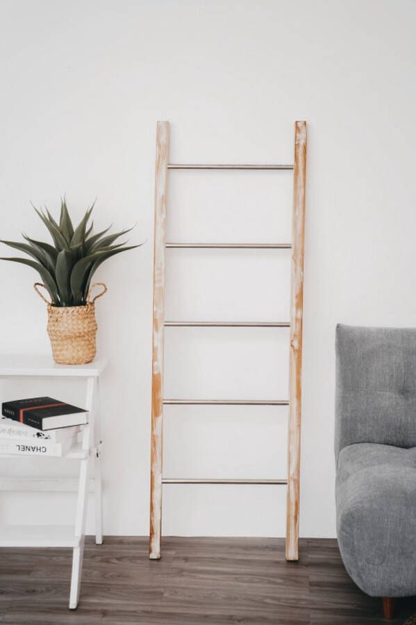Teakea Decoratie ladder Teakhout met RVS Stijlen | White-Washed Teak | 50x5x175