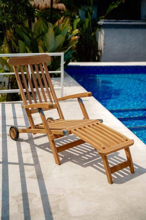 Teakea Teakhouten Deckchair met Wielen RVS Beslag Vijf Standen Verstelbaar Tuin Ligstoel Verrijdbaar