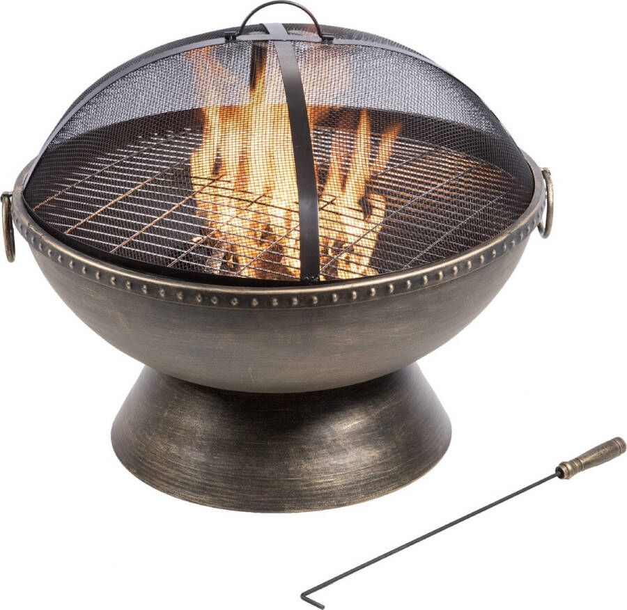 Teamson Home Ronde Metaal Vuurkorf Buiten Vuurschaal Terrashaard Omvat Barbecue Grill Pook & Deksel Bronzen