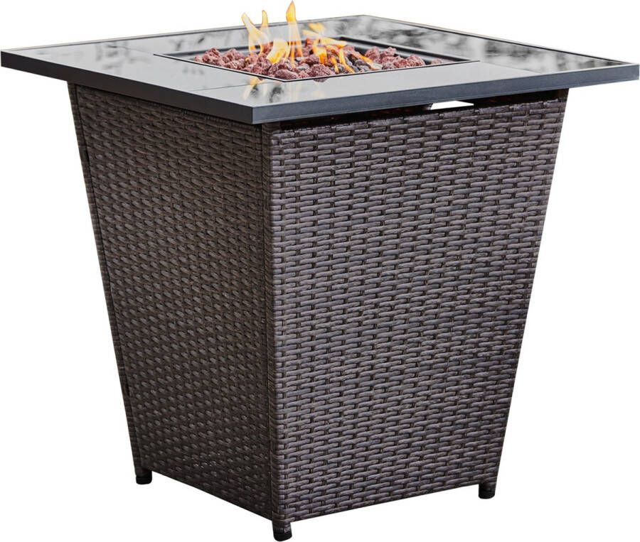 Teamson Home Propaan Gas Vuurtafel Rotan Vuurkorf Buiten Geen Rook Terrashaard Gehard Glas Tafelblad Met Lavastenen & Omslag Bruin 76 x 76 x 73 (cm) 40 000 BTU