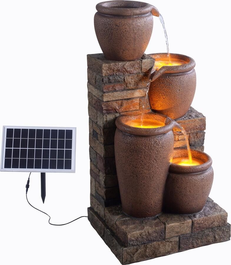 Teamson Home Tuin Water Fontein Met Lichten Op zonne-energie Waterornament 4-Laags Cascadeontwerp Tuindecoratie Bruin