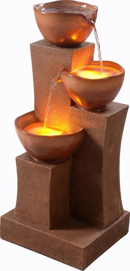 Teamson Home Tuin Water Fontein Met Lichten Waterornament 4-Laags Cascadekomontwerp Tuindecoratie Bruin