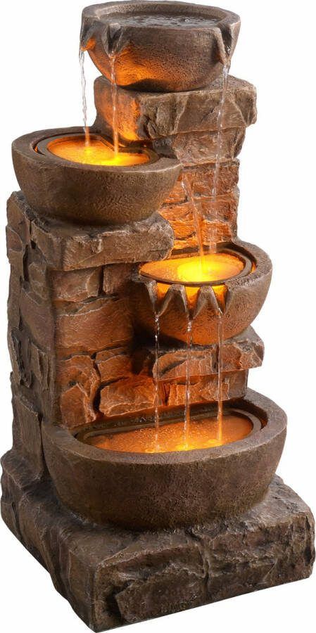 Teamson Home Tuin Water Fontein Met Lichten Waterornament 4-Laags Cascadeontwerp Tuindecoratie Bruin