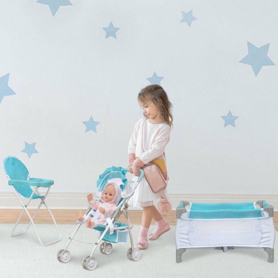 Teamson Kids 3-in-1 Kinderkamer Voor Babypoppen Poppenwagen Kinderstoeltje & Babybox Accessoires Voor Poppen Kinderspeelgoed Blauw Wit
