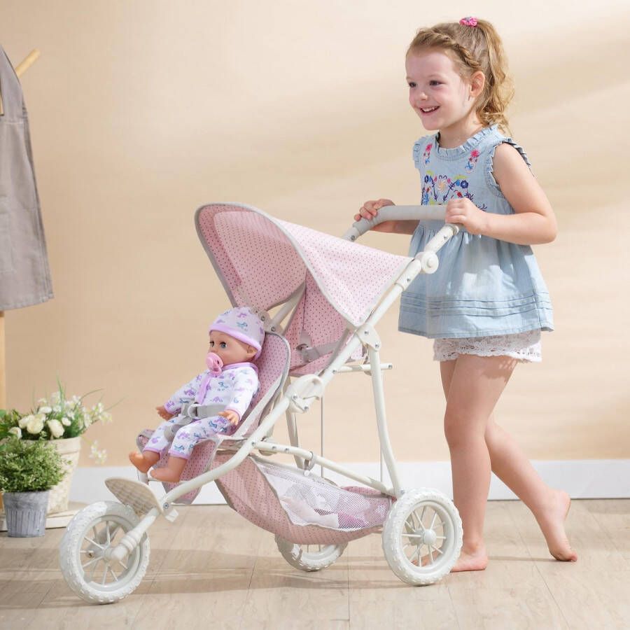 Teamson Kids Dubbel Poppenwagen Voor Babypoppen Accessoires Voor Poppen Kinderspeelgoed Roze Grijs Polka Dot