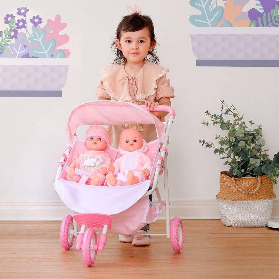Teamson Kids Dubbel Poppenwagen Voor Babypoppen Accessoires Voor Poppen Kinderspeelgoed Roze Sterren