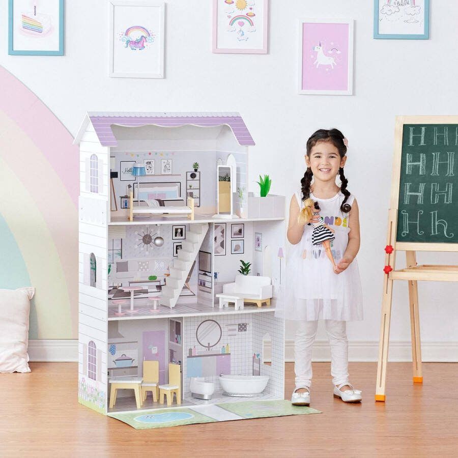 Teamson Kids Groot 3 Niveau Houten Poppenhuis Voor 12 Poppen Poppenhuis & Inrichting Kinderspeelgoed Wit Purper