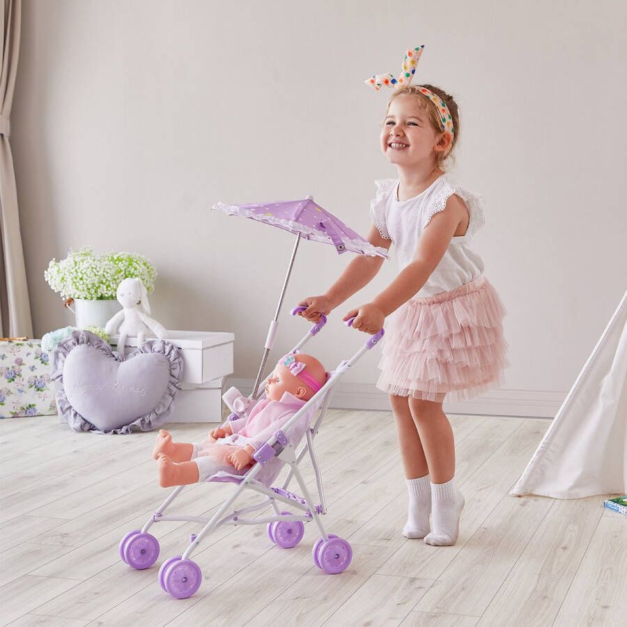 Teamson Kids Poppenwagen Met Parasol Voor Babypoppen Accessoires Voor Poppen Kinderspeelgoed Purper Sterren