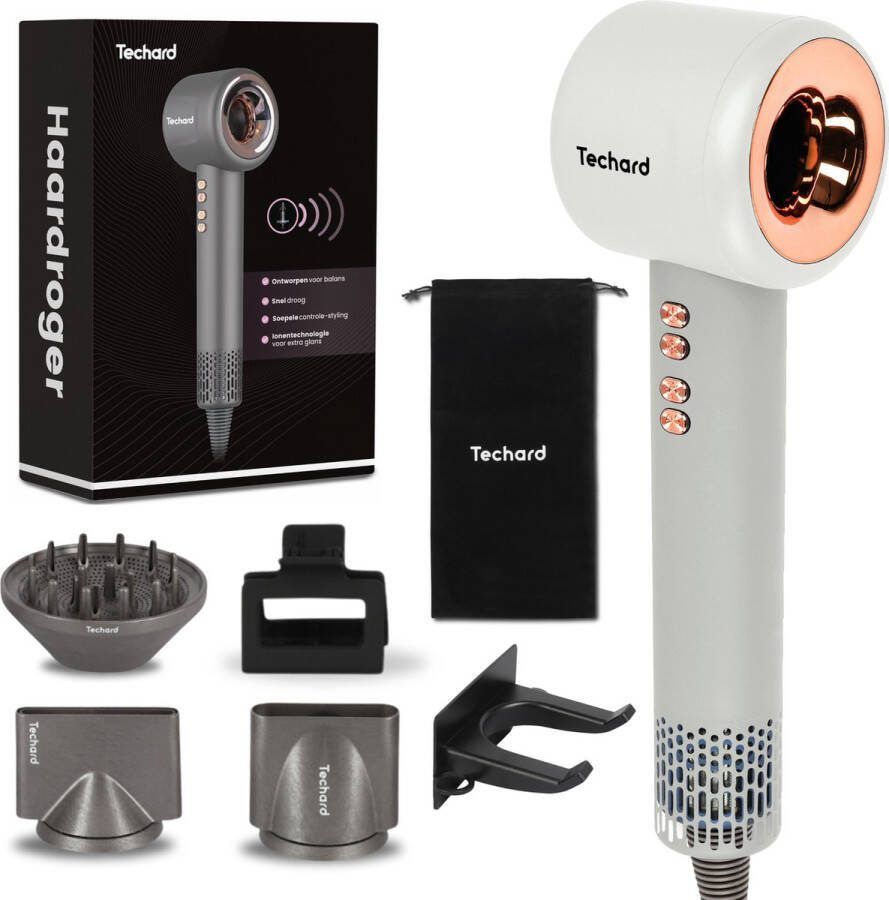 Techard Ionische Haardroger Fohn met Diffuser voor Krullen Ultra Stil en Superkrachtig met Extra Grote Diffuser 110.000RPM Inclusief Opbergtas